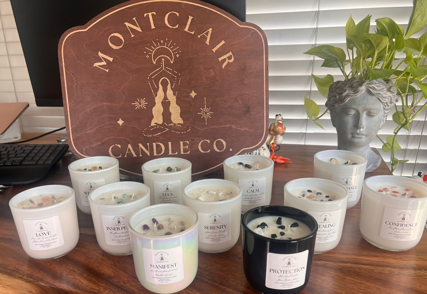 "Protection" Crystal Intention Candle | Palosanto, Sage Scented | Olive Wax Blend | 11oz