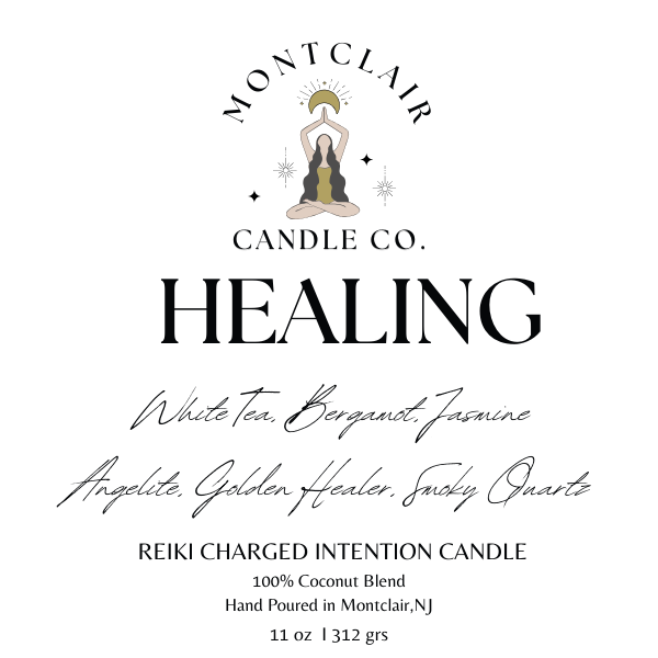 "Healing" Crystal Intention Candle | White Tea Leaves, Bergamot, Jasmine Scented |Olive Wax Blend | 11oz