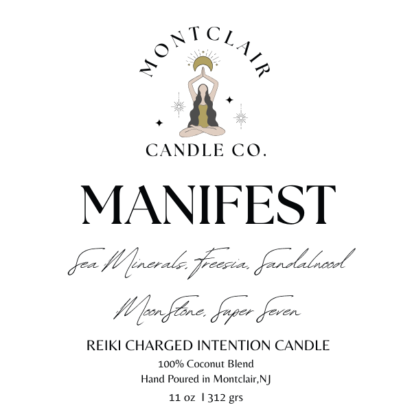 "Manifest" Crystal Intention Candle | Sea Minerals, Fresia, Sandalwood Scented | Olive Wax Blend| 11oz