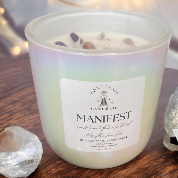 "Manifest" Crystal Intention Candle | Sea Minerals, Fresia, Sandalwood Scented | Olive Wax Blend| 11oz