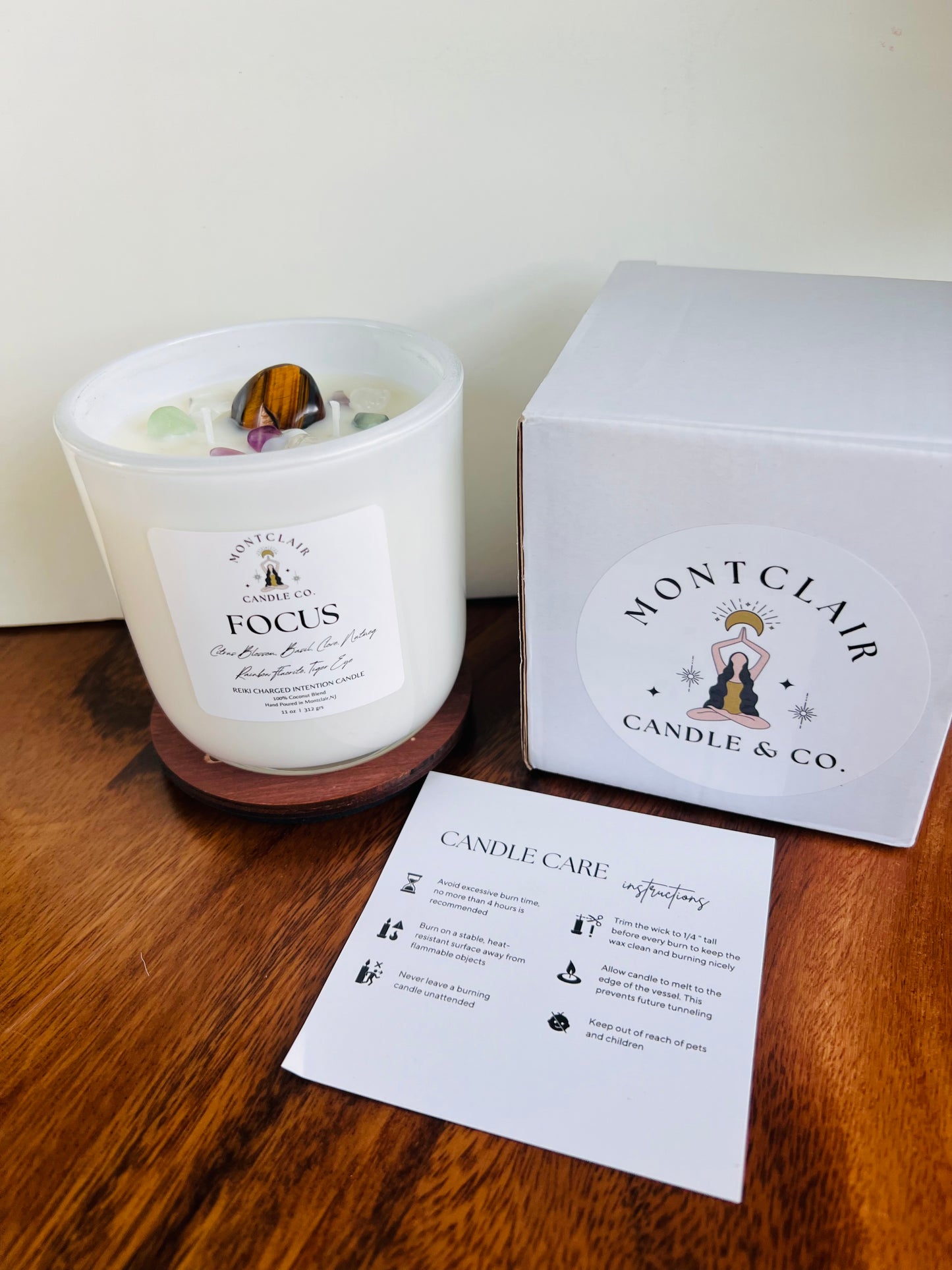 "Focus" Crystal Intention Candle | Stone Fruit Citrus Scented | Olive Wax Blend | 11oz Candle
