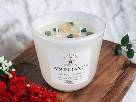 "Abundance" Crystal Intention Candle | Saffron, Jasmine,  Abundance Scented | Olive Wax Blend | 11oz