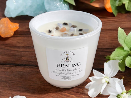 "Healing" Crystal Intention Candle | White Tea Leaves, Bergamot, Jasmine Scented |Olive Wax Blend  | 11oz