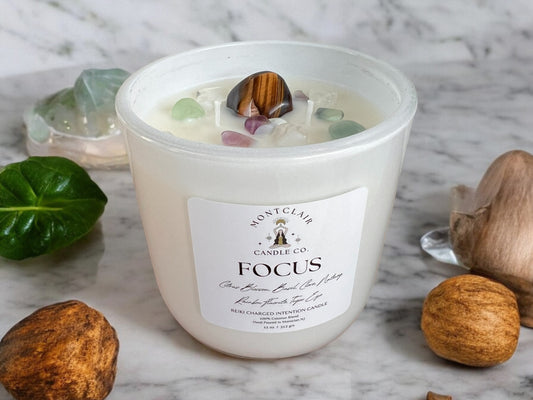 "Focus" Crystal  Intention Candle | Stone Fruit Citrus Scented | Olive Wax Blend | 11oz Candle