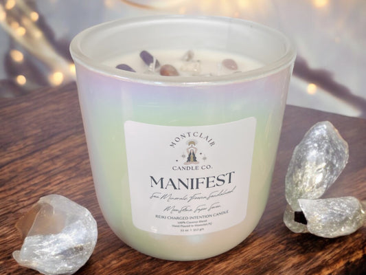 "Manifest" Crystal Intention Candle  | Sea Minerals, Fresia, Sandalwood Scented | Olive Wax Blend| 11oz