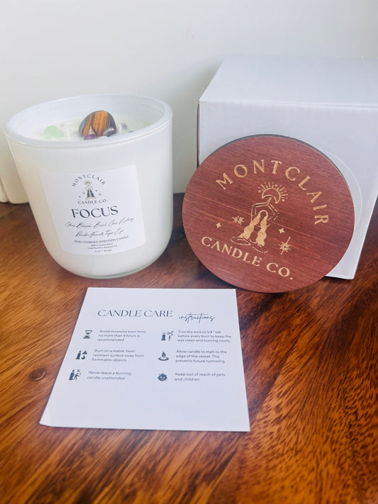 "Focus" Crystal  Intention Candle | Stone Fruit Citrus Scented | Olive Wax Blend | 11oz Candle