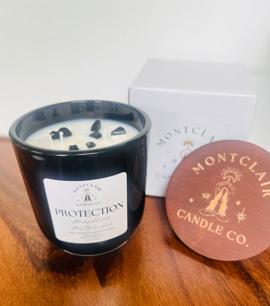 "Protection" Crystal Intention Candle | Palosanto, Sage Scented | Olive Wax Blend | 11oz