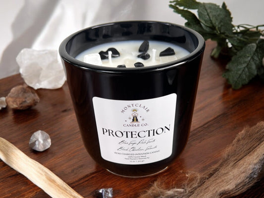 "Protection" Crystal Intention Candle | Palosanto, Sage Scented | Olive Wax Blend | 11oz