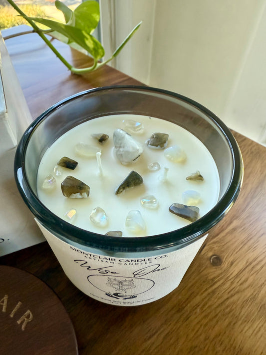 "Wise One" Crystal  Intention Candle |  Cinnamon,  Bergamot, Cedarwood, Sandalwood | Olive Wax Blend | 11 oz Candle