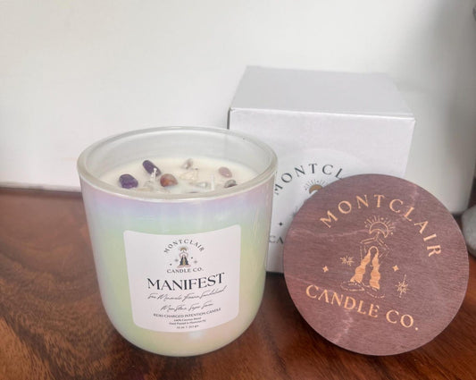 "Manifest" Crystal Intention Candle  | Sea Minerals, Fresia, Sandalwood Scented | Olive Wax Blend| 11oz